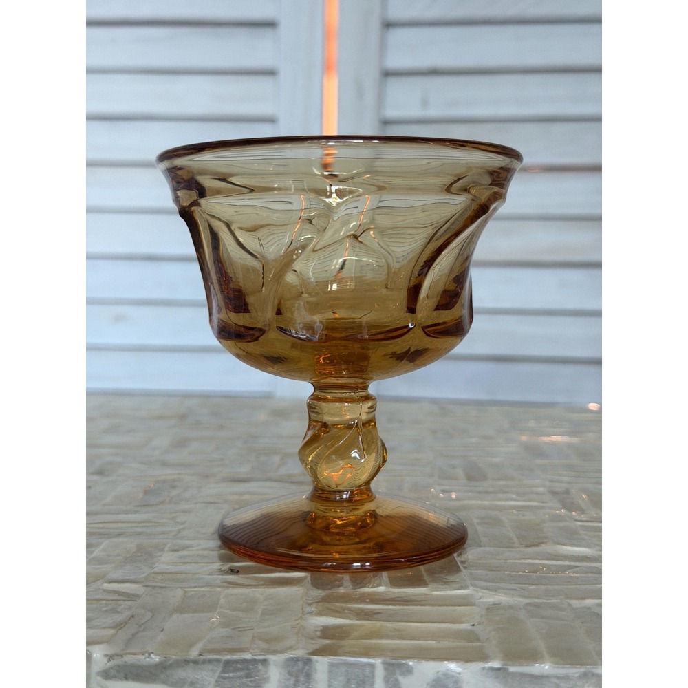 Vintage Amber Art Glass Pedestal Compote Dessert Bowl